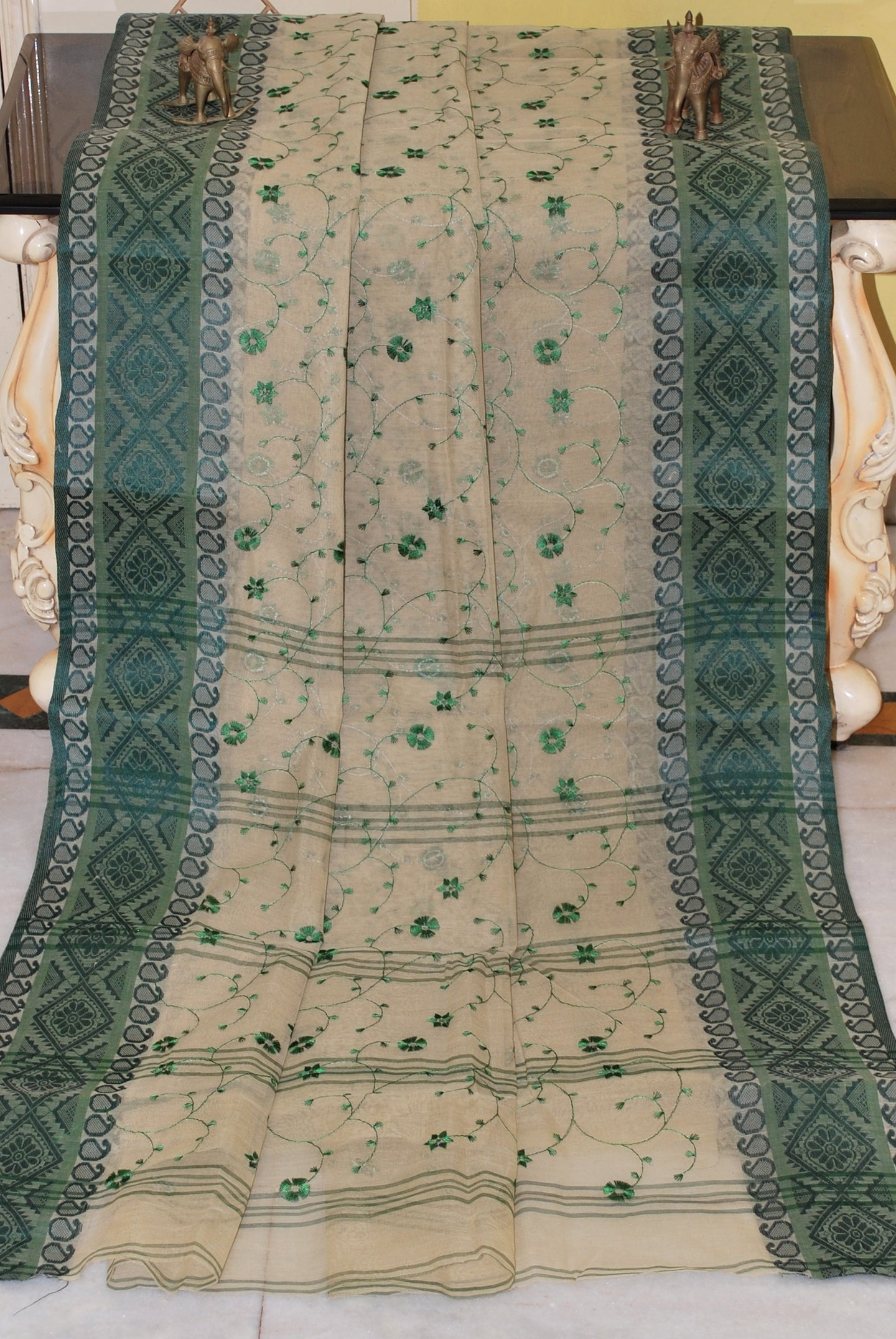 Bengal Handloom Cotton Saree with Floral Jaal Embroidery Work in Mojave Desert and Sacramento Green