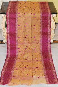 Bengal Handloom Cotton Saree with Floral Jaal Embroidery Work in Fawn and Magenta