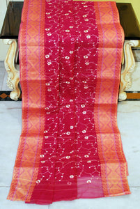 Bengal Handloom Cotton Saree with Floral Jaal Embroidery Work in Hot Pink, Off White and Parmesan