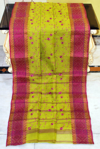 Bengal Handloom Cotton Saree with Floral Jaal Embroidery Work in Chartreuse Green and Royal Magenta