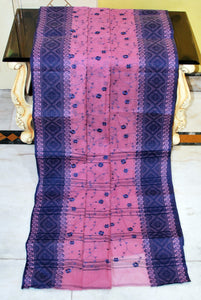 Bengal Handloom Cotton Saree with Floral Jaal Embroidery Work in Tea Rose Pink and Navy Blue