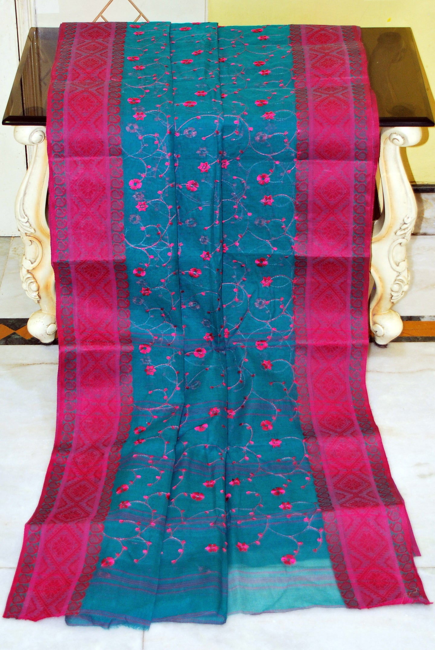 Bengal Handloom Cotton Saree with Floral Jaal Embroidery Work in Rama Green and Hot Pink