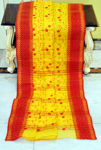 Bengal Handloom Cotton Saree with Floral Jaal Embroidery Work in Yellow and Red