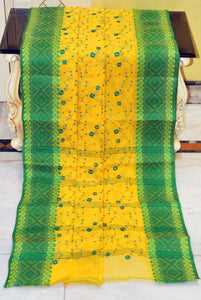 Bengal Handloom Cotton Saree with Floral Jaal Embroidery Work in Yellow and Green