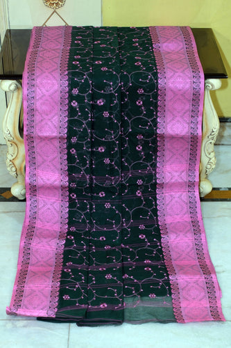 Bengal Handloom Cotton Saree with Floral Jaal Embroidery Work in Phthalocyanine Green and Bright Pink