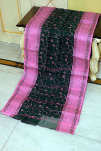 Bengal Handloom Cotton Saree with Floral Jaal Embroidery Work in Phthalocyanine Green and Bright Pink