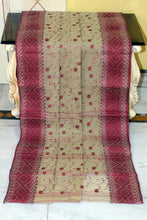 Bengal Handloom Cotton Saree with Floral Jaal Embroidery Work in Ecru and Maroon