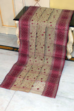 Bengal Handloom Cotton Saree with Floral Jaal Embroidery Work in Ecru and Maroon