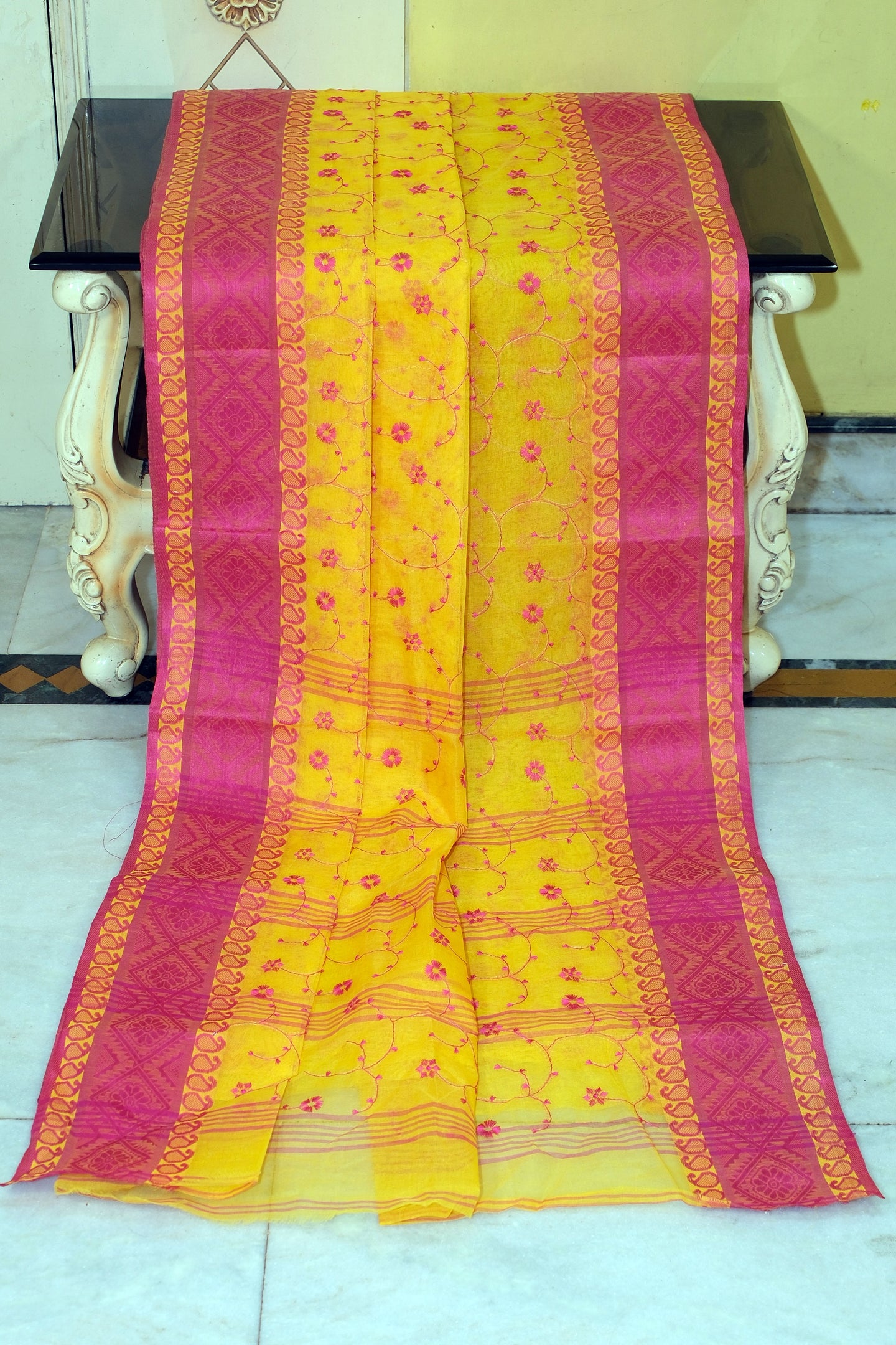 Bengal Handloom Cotton Saree with Floral Jaal Embroidery Work in Sunflower Yellow and Hot Pink