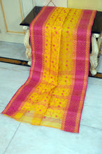 Bengal Handloom Cotton Saree with Floral Jaal Embroidery Work in Sunflower Yellow and Hot Pink