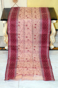 Bengal Handloom Cotton Saree with Floral Jaal Embroidery Work in Beige and Maroon