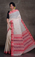 Bengal Handloom Cotton Baluchari Saree in Off White and Red