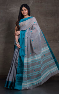Bengal Handloom Satin Silk Border Cotton Saree in Steel Grey and Crystal Teal