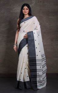 Bengal Handloom Satin Silk Border Cotton Saree in White and Black