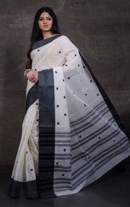 Bengal Handloom Satin Silk Border Cotton Saree in White and Black