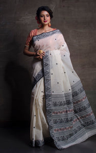 Bengal Handloom Cotton Baluchari Saree in Off White, Black and Dark Beige
