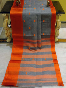 Bengal Handloom Satin Silk Border Cotton Saree in Steel Grey and Orange