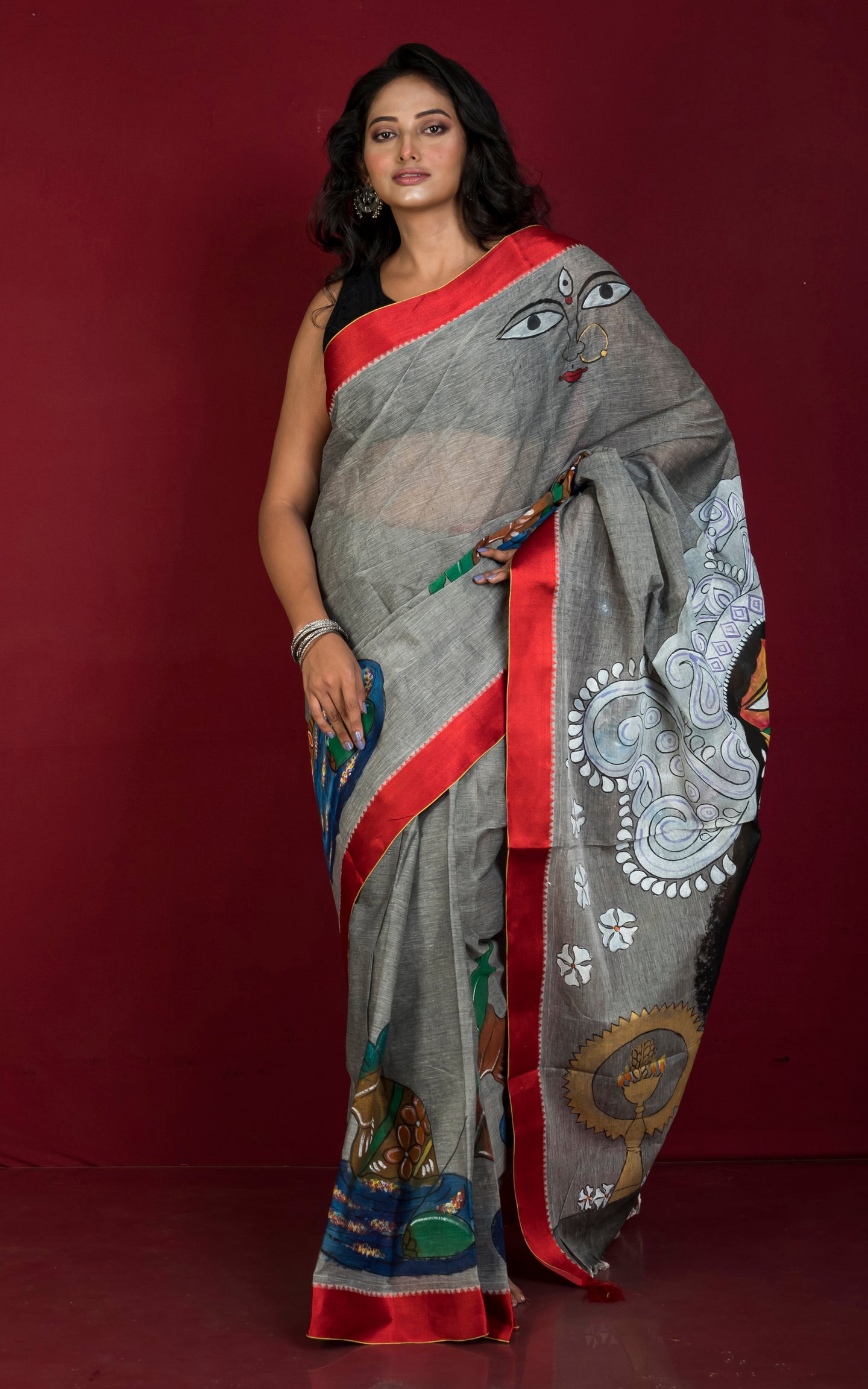 Hand Painted Bengal Handloom Satin Silk Border Premium Cotton Saree in Charcoal Grey, Red and Multicolored