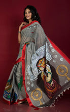 Hand Painted Bengal Handloom Satin Silk Border Premium Cotton Saree in Charcoal Grey, Red and Multicolored