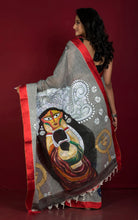 Hand Painted Bengal Handloom Satin Silk Border Premium Cotton Saree in Charcoal Grey, Red and Multicolored