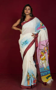 Hand Painted Bengal Handloom Satin Silk Border Premium Cotton Saree in Off White, Wine and Multicolored