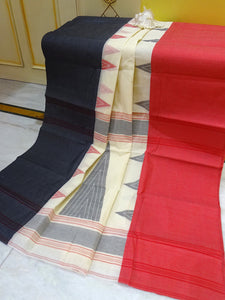 Mahapar Bengal Handloom Cotton Saree in Off White, Red and Black