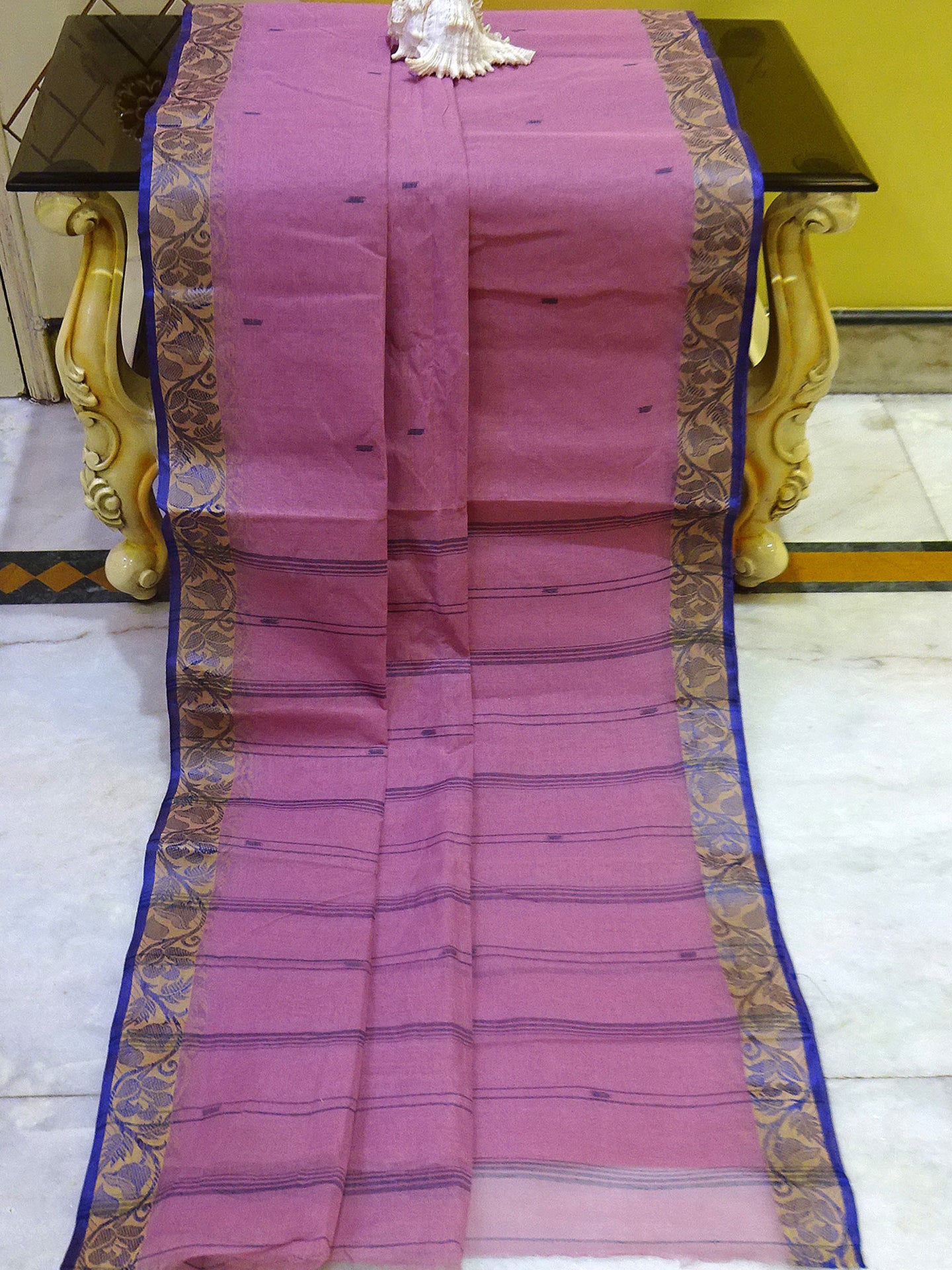 Woven Floral Nakshi Motif Border Work Bengal Handloom Cotton Saree in Thulian Pink, Beige and Navy Blue
