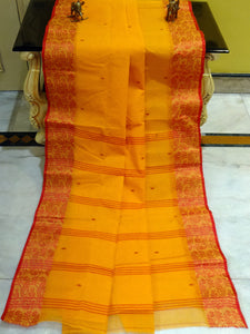 Thread Nakshi Jacket Border Bengal Handloom Cotton Saree in Sunset Yellow and Red