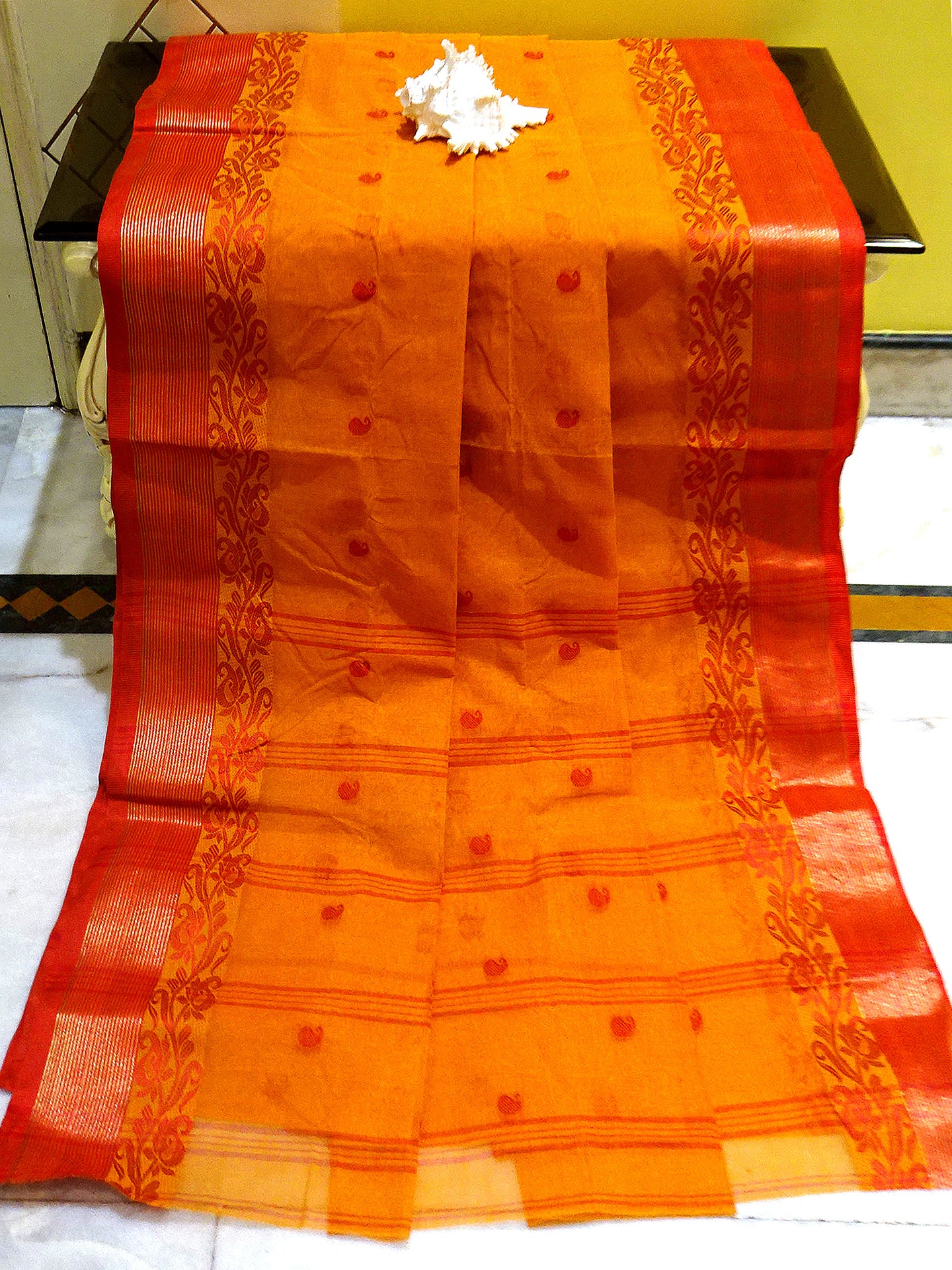 Bengal Handloom Cotton Hazar Buti Saree in Mustard Golden and Maroon