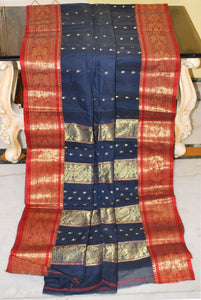 Tangail Handloom Cotton Banarasi Saree in Midnight Blue, Dark Red and Gold Zari Work