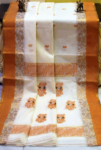 Woven Matta Nakshi Border Premium Quality Bengal Handloom Cotton Saree in Off White, Mustard and Chrome Gold