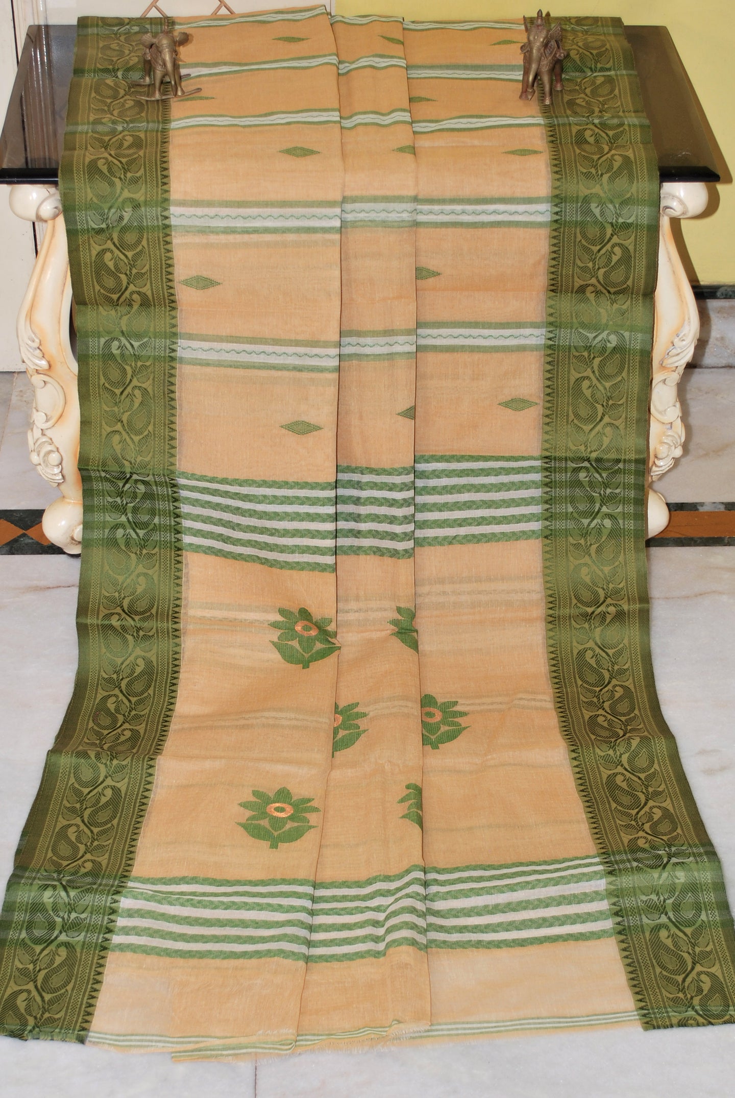 Sil Nakshi Border Bengal Handloom Cotton Bomkai Saree in Khaki, Off White and Moss Green Thread Work