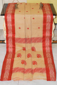 Sil Nakshi Border Bengal Handloom Cotton Bomkai Saree in Khaki, Golden Yellow and Red Thread Work