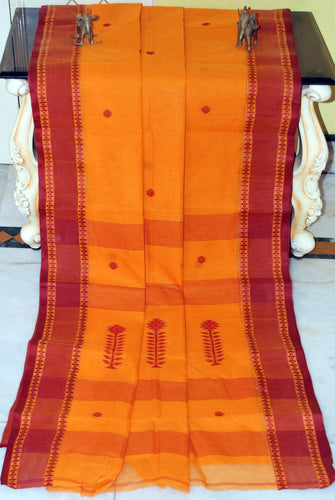Woven Matta Nakshi Border Premium Quality Bengal Handloom Cotton Saree in Saffron Orange and Maroon