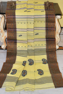 Sil Nakshi Border Bengal Handloom Cotton Bomkai Saree in Pastel Yellow, Chrome Gold and Midnight Blue Thread Work