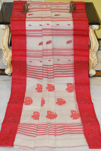 Sil Nakshi Border Bengal Handloom Cotton Bomkai Saree in Off White and Red Thread Work