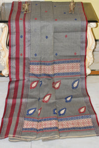 Premium Quality Bengal Handloom Minakari Bomkai Cotton Saree in Trout Grey, Maroon and Admiral Blue