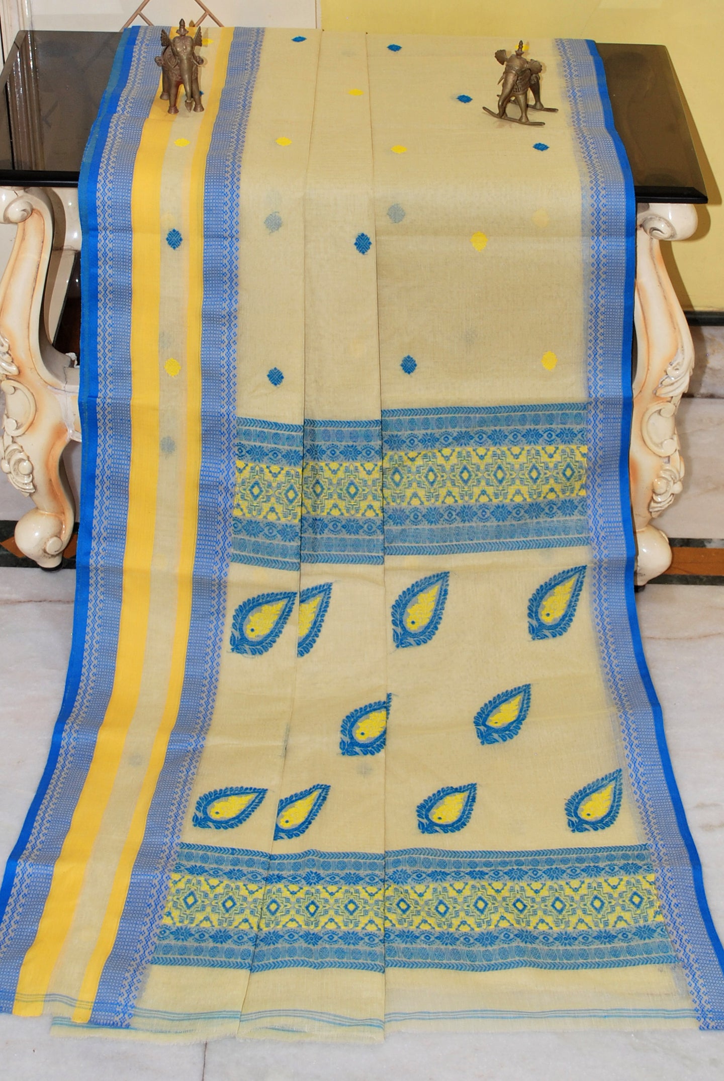 Premium Quality Bengal Handloom Minakari Bomkai Cotton Saree in Cream, Azure Blue and Yolk Yellow