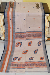 Premium Quality Bengal Handloom Minakari Bomkai Cotton Saree in Antique White, Brown and Navy Blue