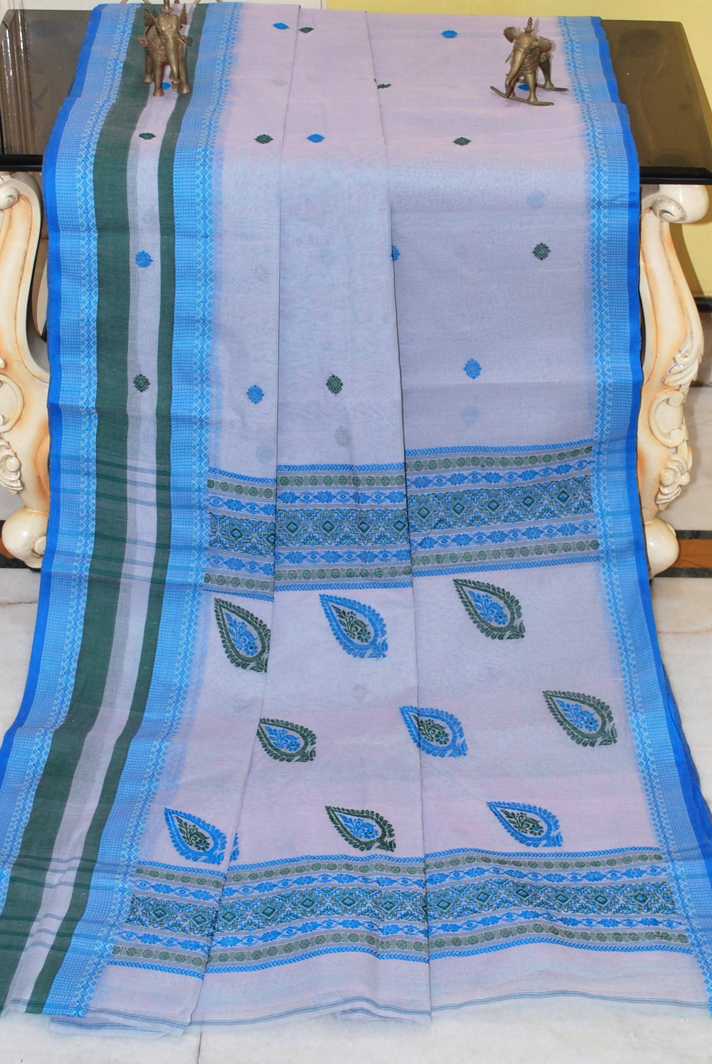 Premium Quality Bengal Handloom Minakari Bomkai Cotton Saree in Powder Blue, Azure Blue and Dark Green
