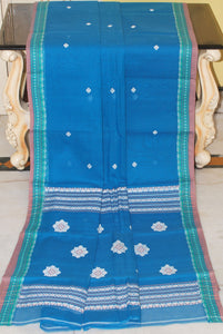 Medium Size Thread Nakshi Border Premium Quality Bengal Handloom Cotton Saree in Cobalt Blue, Off White, Sea Green and Dark Beige