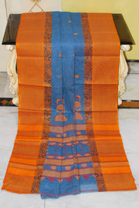 Woven Matta Nakshi Border Premium Quality Bengal Handloom Cotton Saree in Denim Blue and Orange