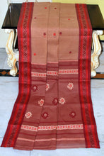 Medium Size Thread Nakshi Border Premium Quality Bengal Handloom Cotton Saree in Beige, Orange and Rosewood Red