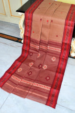Medium Size Thread Nakshi Border Premium Quality Bengal Handloom Cotton Saree in Beige, Orange and Rosewood Red