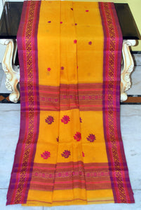 Medium Size Thread Nakshi Border Premium Quality Bengal Handloom Cotton Saree in Golden Yellow, Pink and Purple