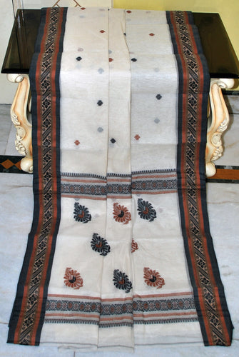 Medium Size Thread Nakshi Border Premium Quality Bengal Handloom Cotton Saree in Off White, Brown, Beige and Black