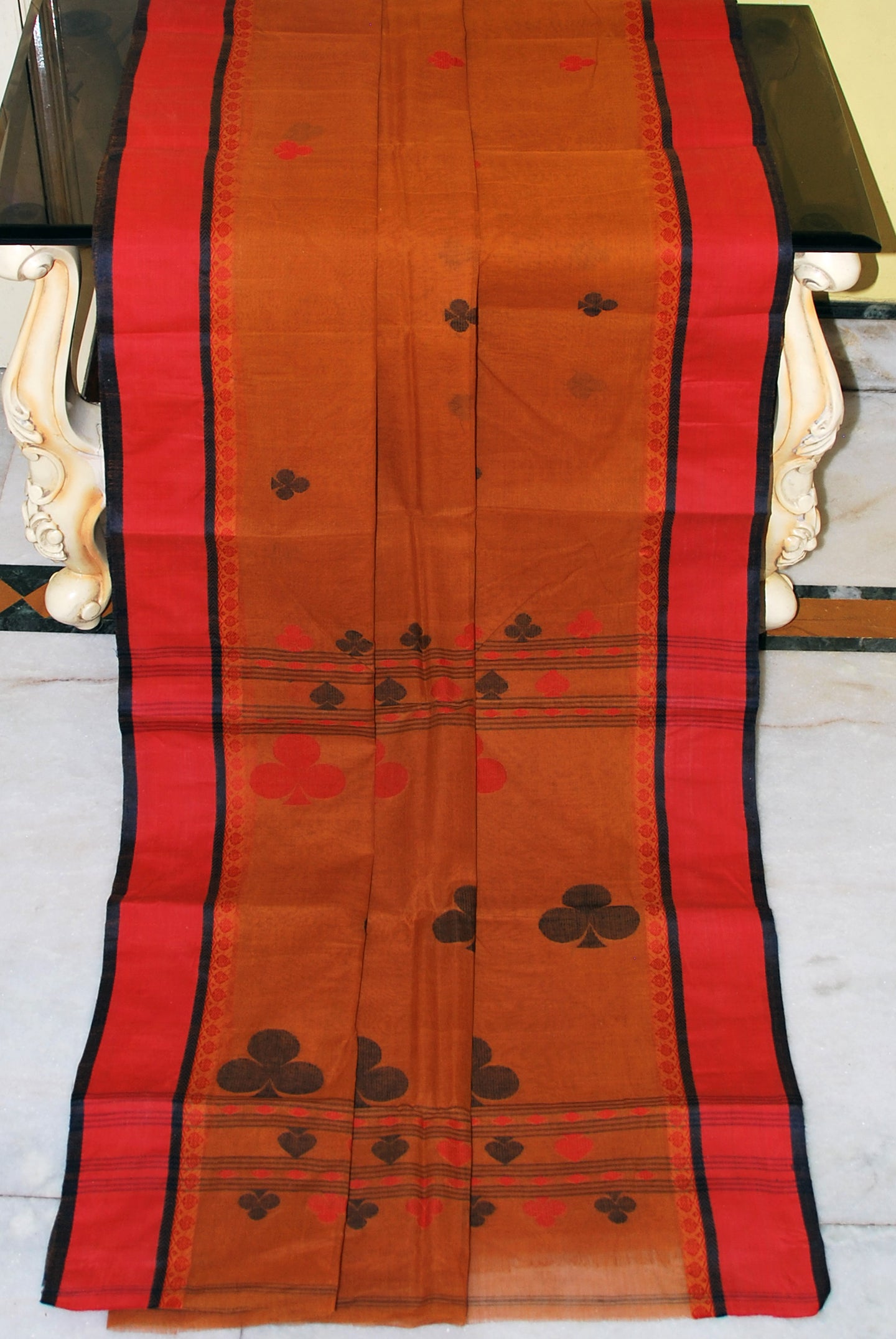 Woven Matta Nakshi Border Premium Quality Bengal Handloom Cotton Saree in Ginger Brown, Dark Red and Black