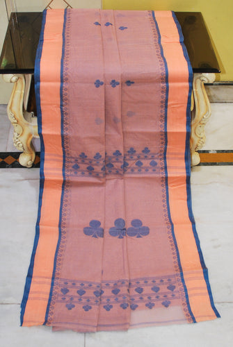 Woven Matta Nakshi Border Premium Quality Bengal Handloom Cotton Saree in Tea Rose, Cantaloupe Orange and Navy Blue