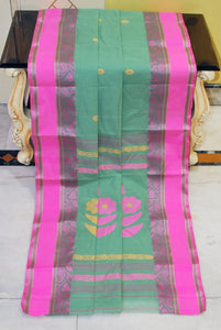 Woven Matta Nakshi Border Premium Quality Bengal Handloom Cotton Saree in Paste Green, Taffy Pink and Parmesan