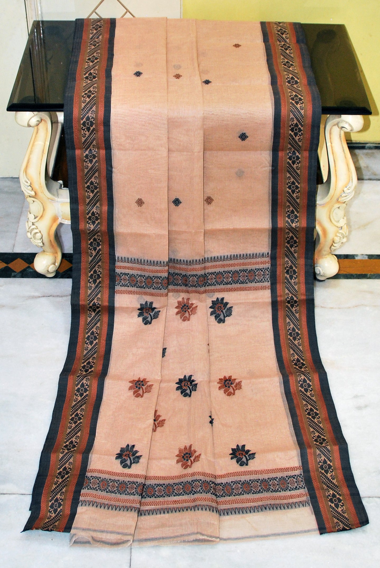 Medium Size Thread Nakshi Border Premium Quality Bengal Handloom Cotton Saree in Desert Sand , Brown and Black